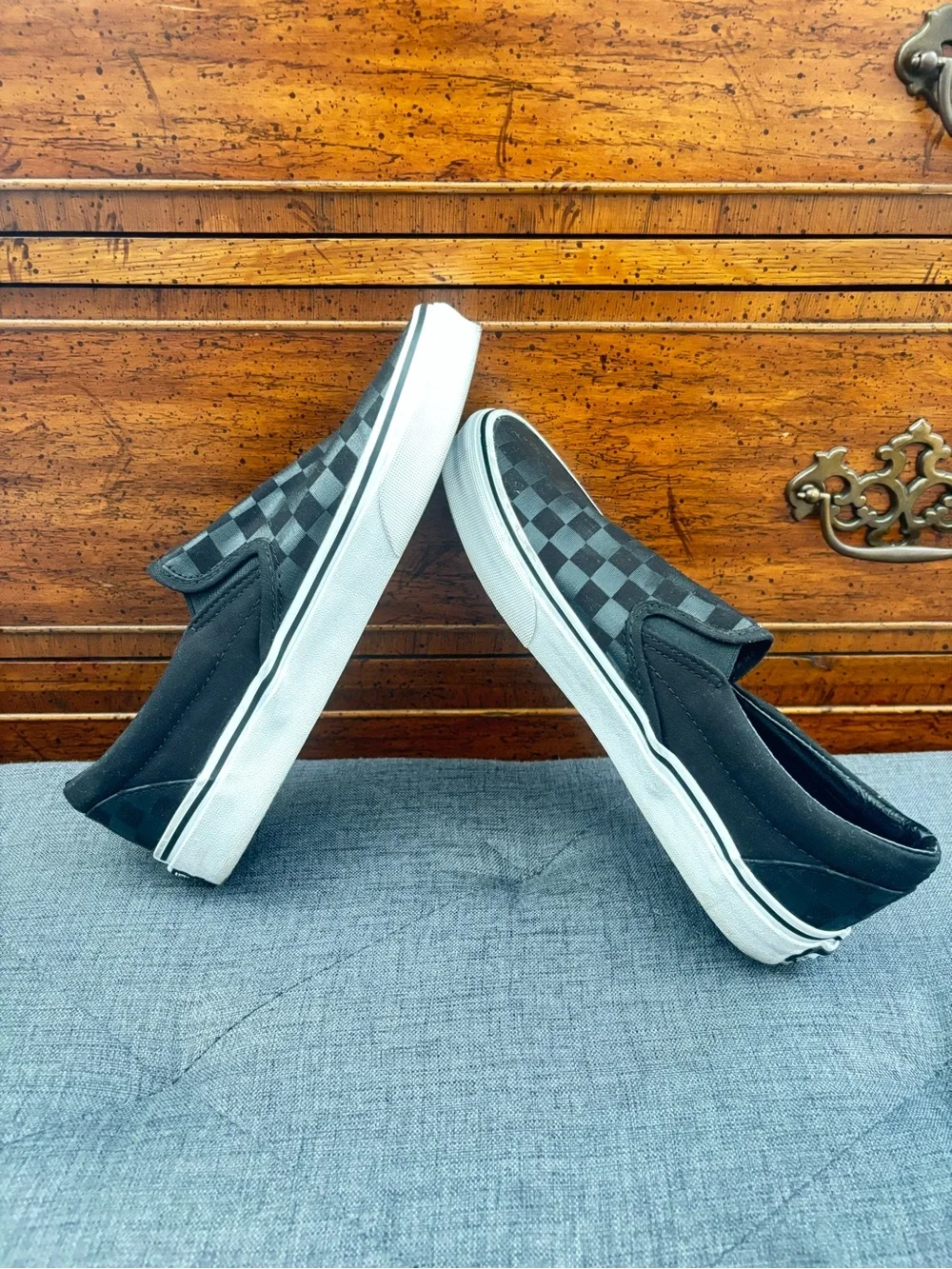 VANS BLACK CHECKERED BOARD SLIP ONS, size 9